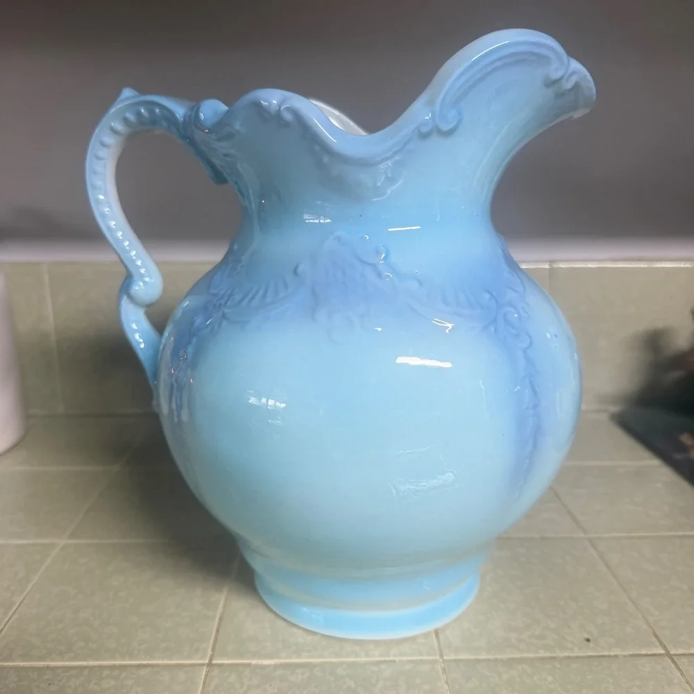 Vintage Blue Embossed Ceramic Pitcher Scalloped Rim Floral Vase 10.5 Inch 60789